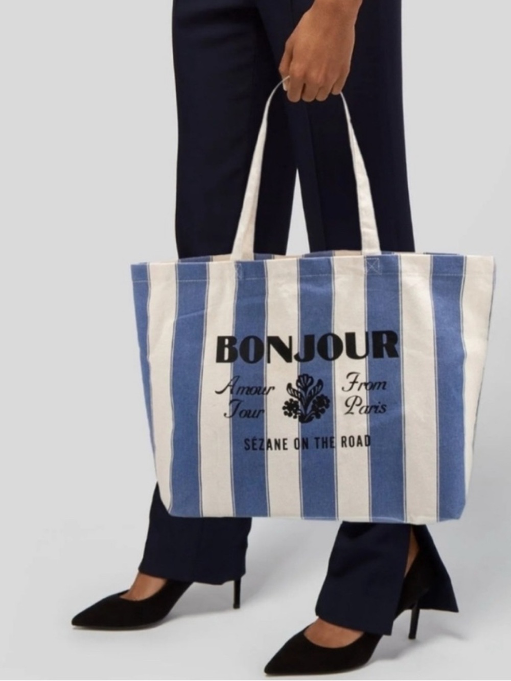 NWOT Sezane Blue & White Striped 'Bonjour' Canvas Tote